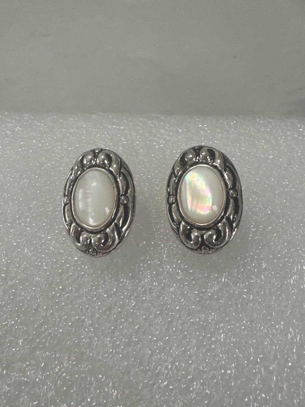 Premier Silver-Tone Oval Earrings with White Mother-of-Pearl Centers